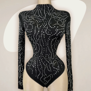 Rhinestone Pattern Black Bodysuit