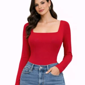 formfitting red shirt with long sleves