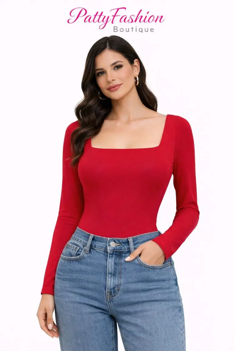 formfitting red shirt with long sleves