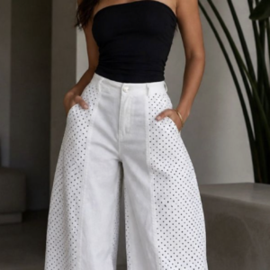 High-Waisted White Barrel Leg Jeans with Black Polka Dots