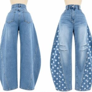 High-Waisted Blue Barrel Leg Jeans with Polka Dot Panels
