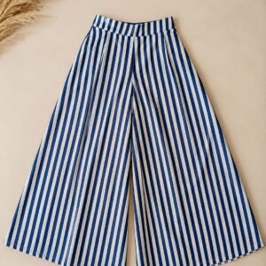 High-Waisted White Wide-Leg Pants with Blue Stripes