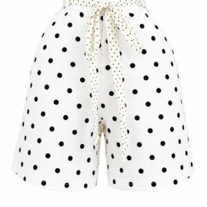 High-Waisted White Shorts with Black Polka Dots