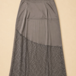 Grey Satin & Lace Asymmetric Maxi Skirt