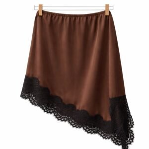 Asymmetric Satin Skirt with Black Lace Trim