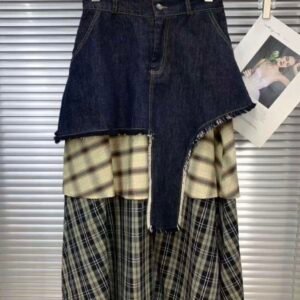 Asymmetric Denim & Plaid Patchwork Skirt