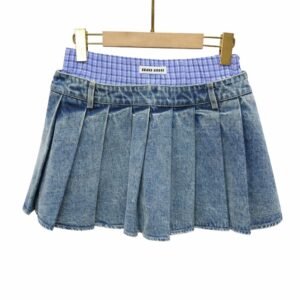 Pleated Denim Mini Skirt with Plaid Detail