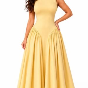 Sleeveless Yellow Midi Dress with Pleated Skirt