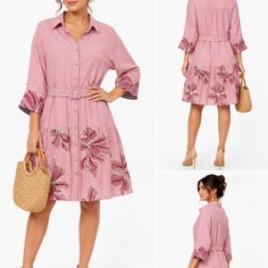 Button-Down Pink Shirt Dress with Floral Hem