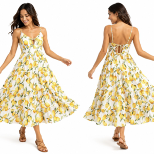 White Lemon Print Tiered Maxi Dress
