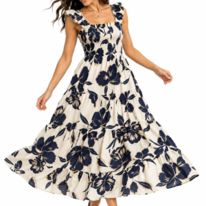 Navy Floral Smocked Tiered Maxi Dress