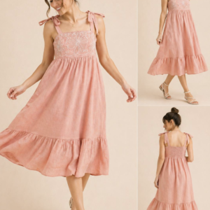 Embroidered Tie-Strap Midi Dress