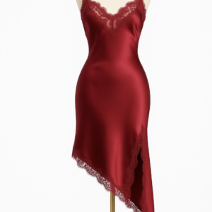 Red Satin Lace-Trim Asymmetric Slip Dress