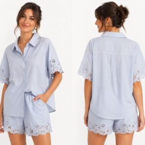 Button-Down Shirt and Shorts Set with Eyelet Embroidery