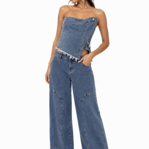 Denim Tube Top and Wide-Leg Pants Set
