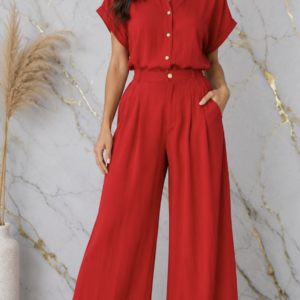 Bold Red Short-Sleeve Button-Up and Wide-Leg Pants Set