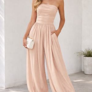 Nude Strapless Ruched Jumpsuit