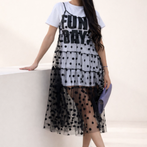"FUN DAY" Graphic Tee & Polka-Dot Tulle Dress Set