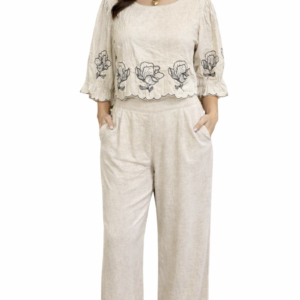 Cream Floral Embroidered Linen Set