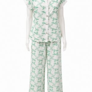 White & Green Floral Embroidered Linen Set