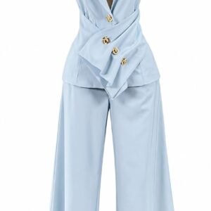 Light Blue Tailored Sleeveless Blazer & Wide-Leg Pant Set