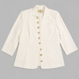 White-colored blazer with gold buttons.