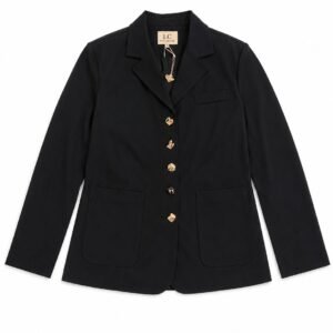 Black-colored blazer with gold buttons.
