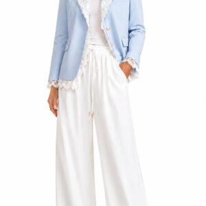 Light blue-colored blazer with lace trim.