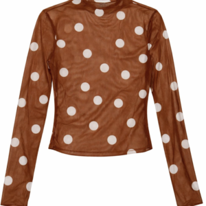 Brown Polka Dot Mesh Long-Sleeve Top