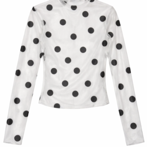 White Polka Dot Mesh Long-Sleeve Top