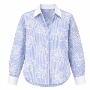 Blue & White Striped Floral Embroidered Shirt
