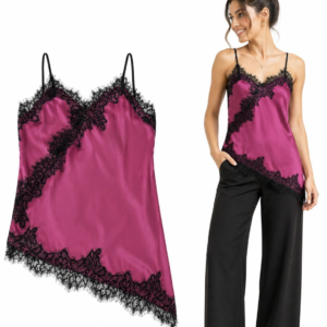 Fuchsia Satin Tank Top with Asymmetrical Lace Trim