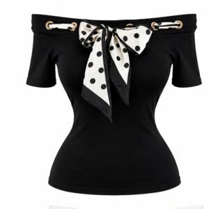 Black Off-Shoulder Scarf Detail Short Sleeve Top