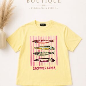 Yellow "Sardines Lover" Graphic Short Sleeve Top