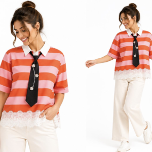 Striped Polo Shirt with Embellished Tie