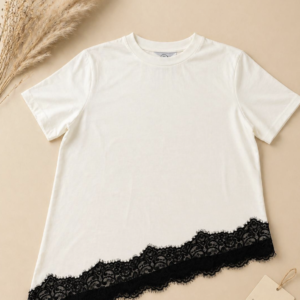 White T-Shirt with Asymmetrical Black Lace Hem