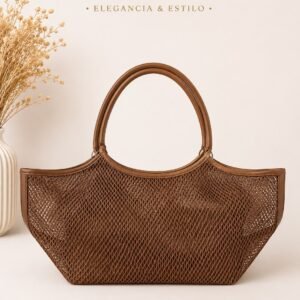 Brown Mesh Woven Tote Bag