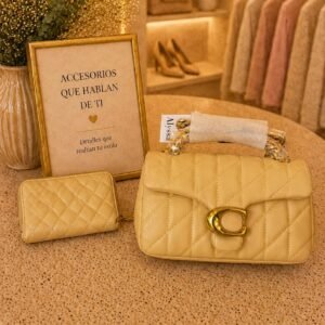 Quilted Pale Yellow Flap Shoulder Bag Set