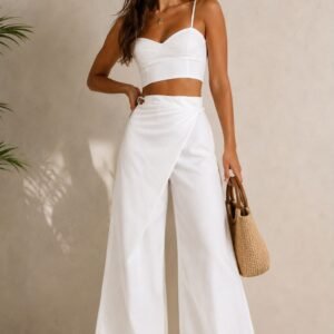 Crisp White Wide-Leg Wrap Trousers
