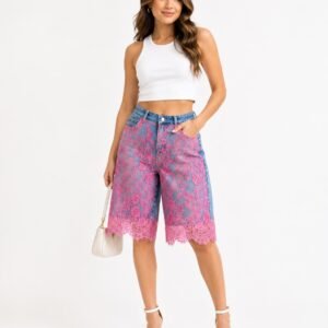 Pink Lace Overlay Denim Bermuda Shorts