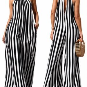 Striped Halter Neck Wide-Leg Jumpsuit