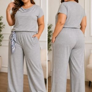 Plus Size Two-Piece Loungewear Set with Scarf