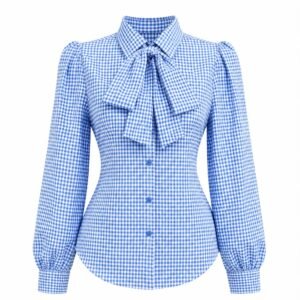 Blue Gingham Pussy-Bow Blouse