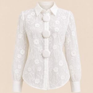 Sheer Floral Embroidery Blouse with Statement Buttons