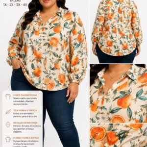 Plus Size Orange Print Long Sleeve Blouse