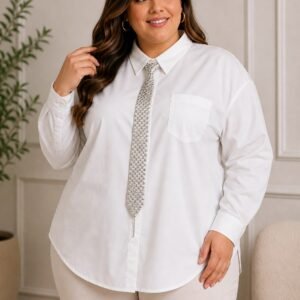 Plus Size Button-Down Shirt with Embellished Tie