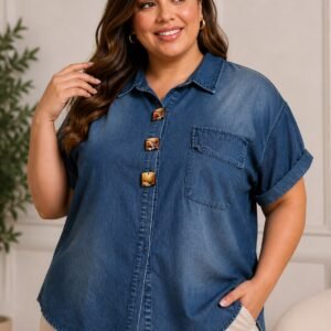 Plus Size Short Sleeve Denim Shirt with Accent Buttons