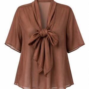 Brown Silk-Blend Bow Blouse