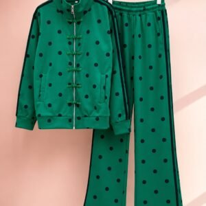 Green & Black Polka Dot Tracksuit Set
